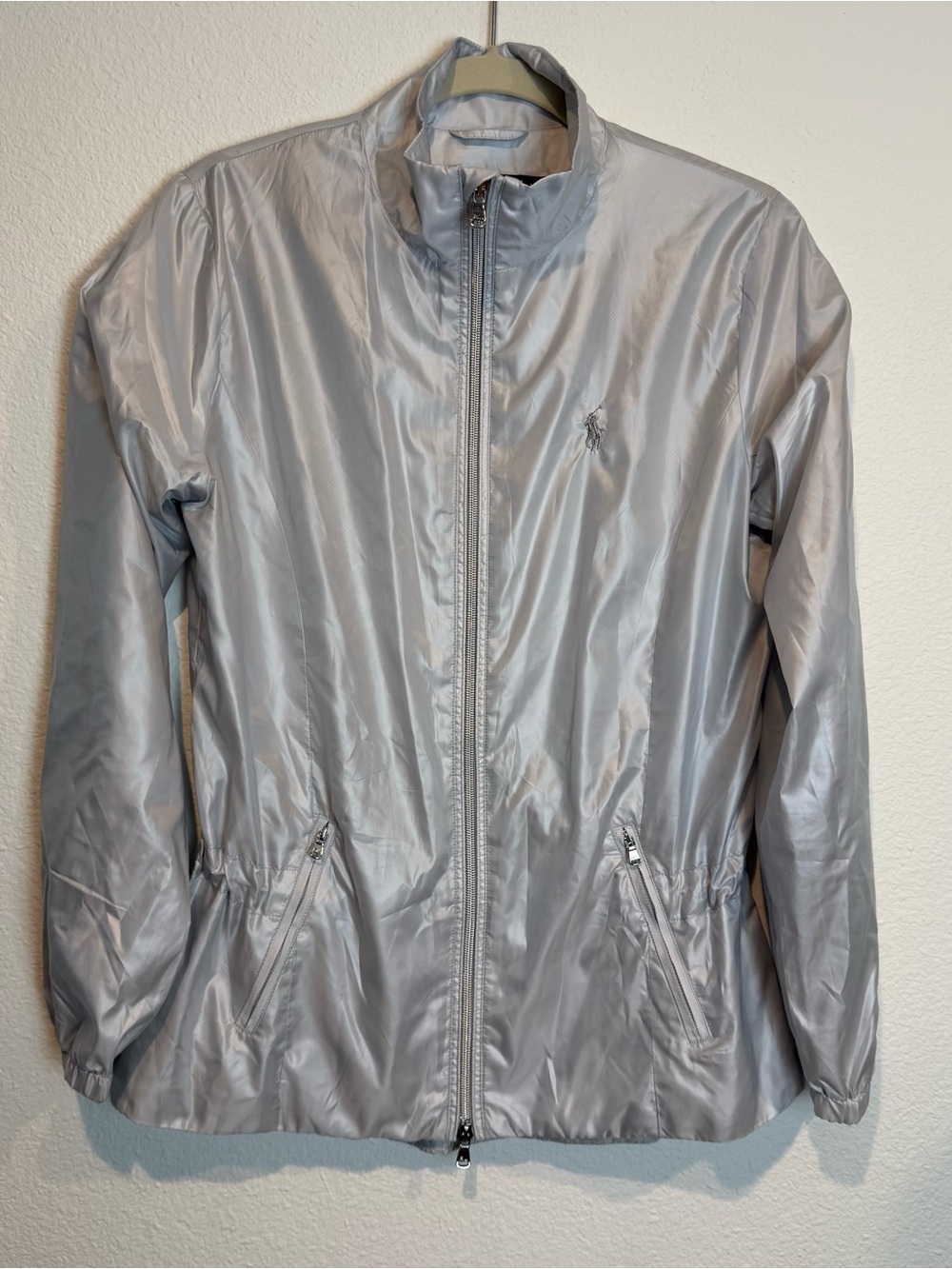 Polo Golf Ralph Lauren Silver Metallic Wind Breaker Zipper Mesh Liner Womens M